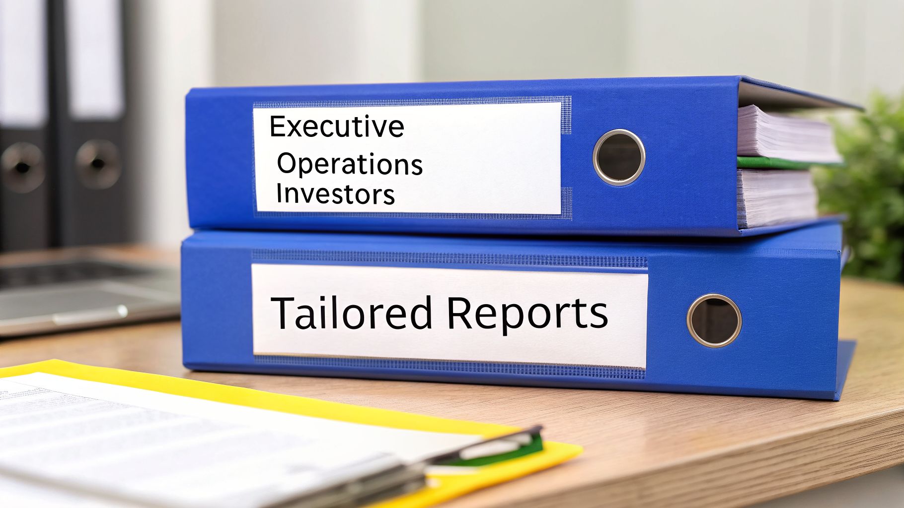 Two blue binders on a wooden desk, labeled 'Executive Operations Investors' and 'Tailored Reports'.