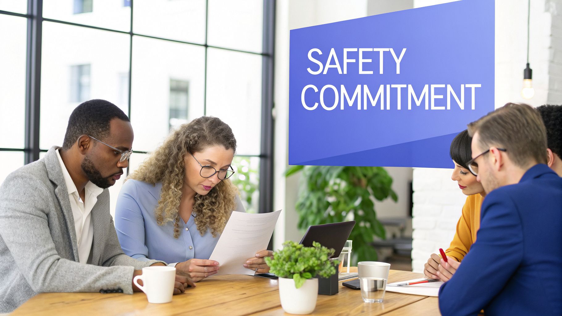 Diverse business professionals discuss safety commitment policies at a meeting table in an office.