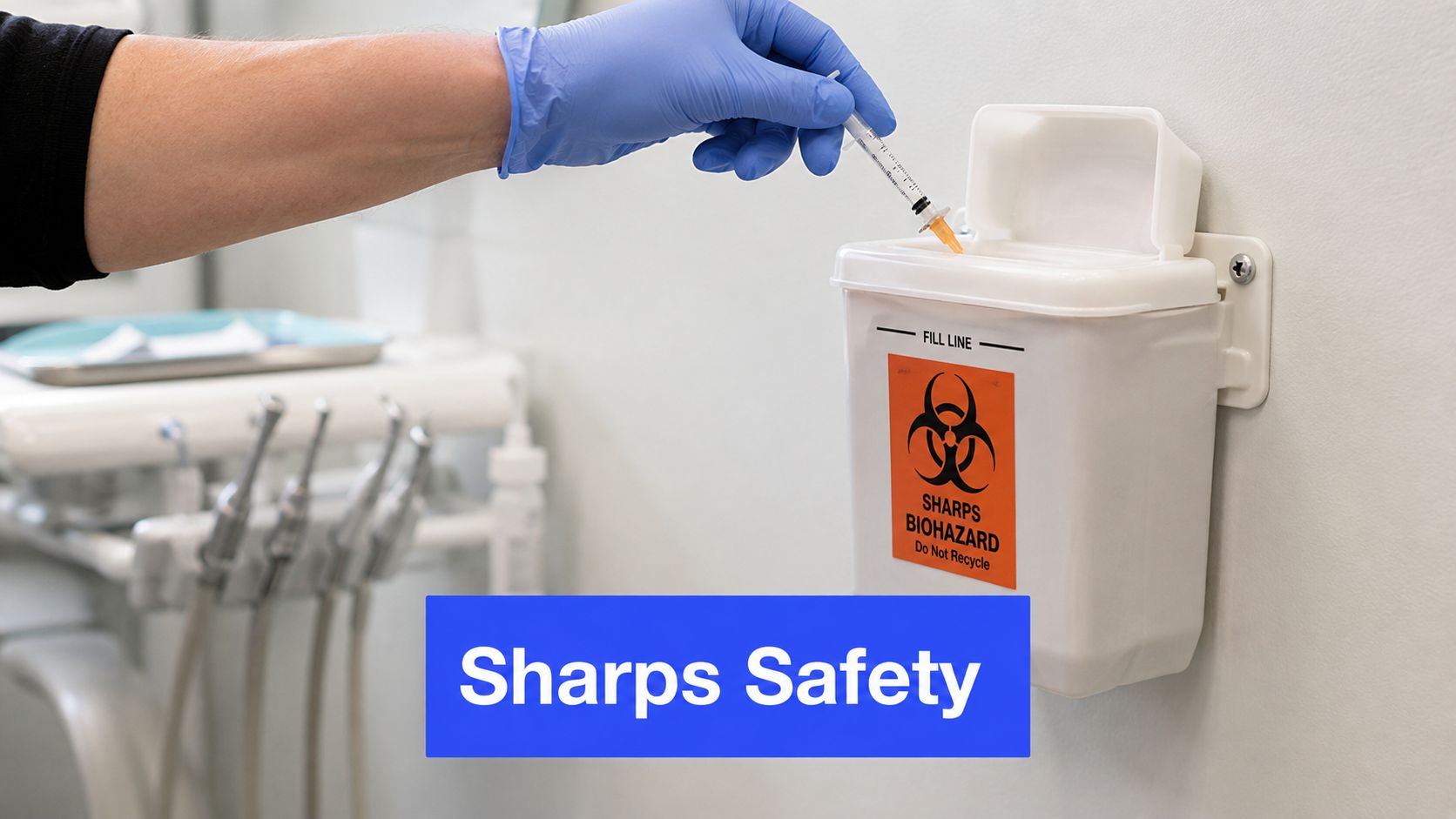 A healthcare worker wearing gloves safely disposing of a syringe into a wall-mounted sharps biohazard container.