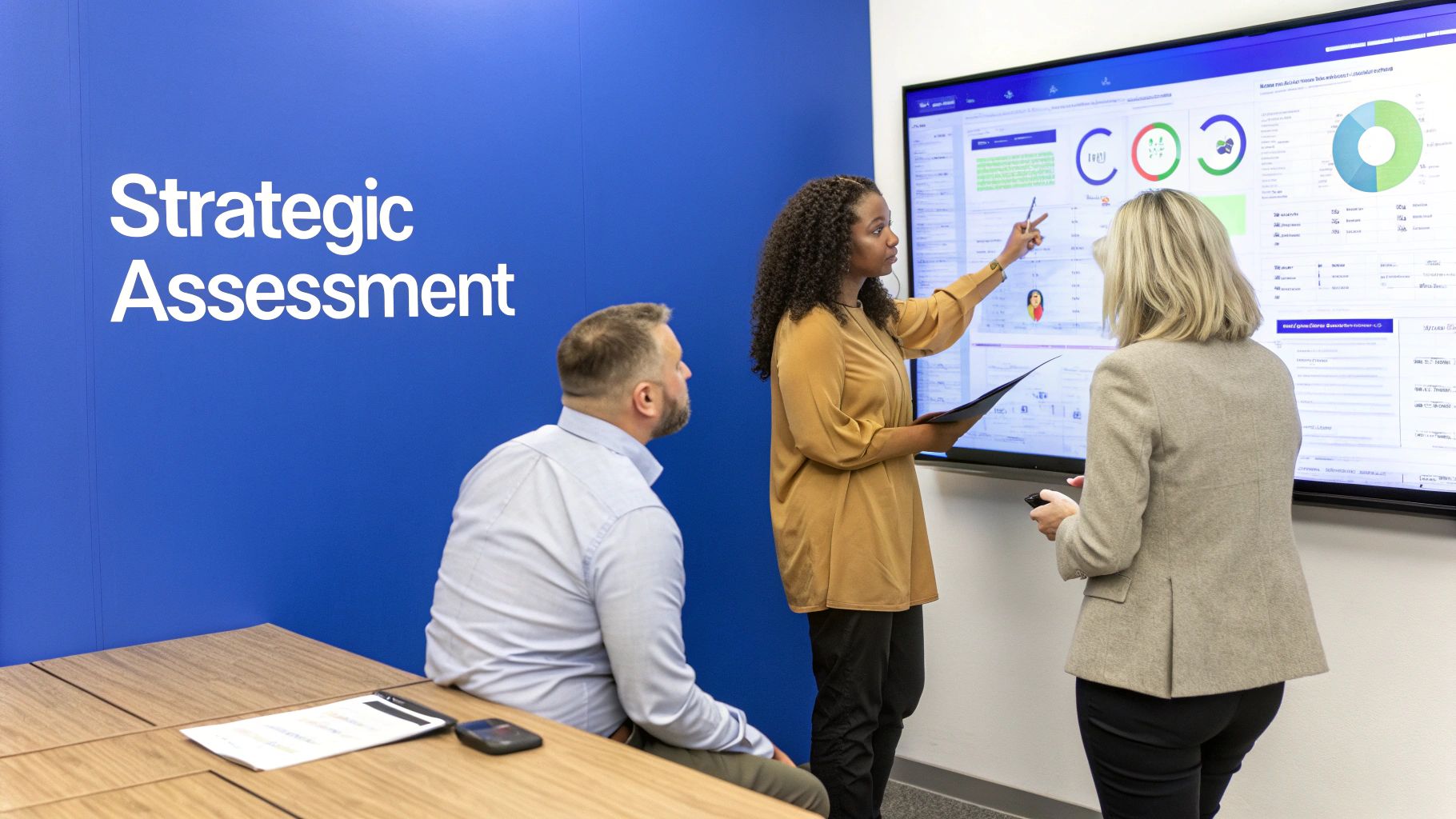 Three colleagues collaborate in a meeting room, analyzing data on a large screen during a strategic assessment.