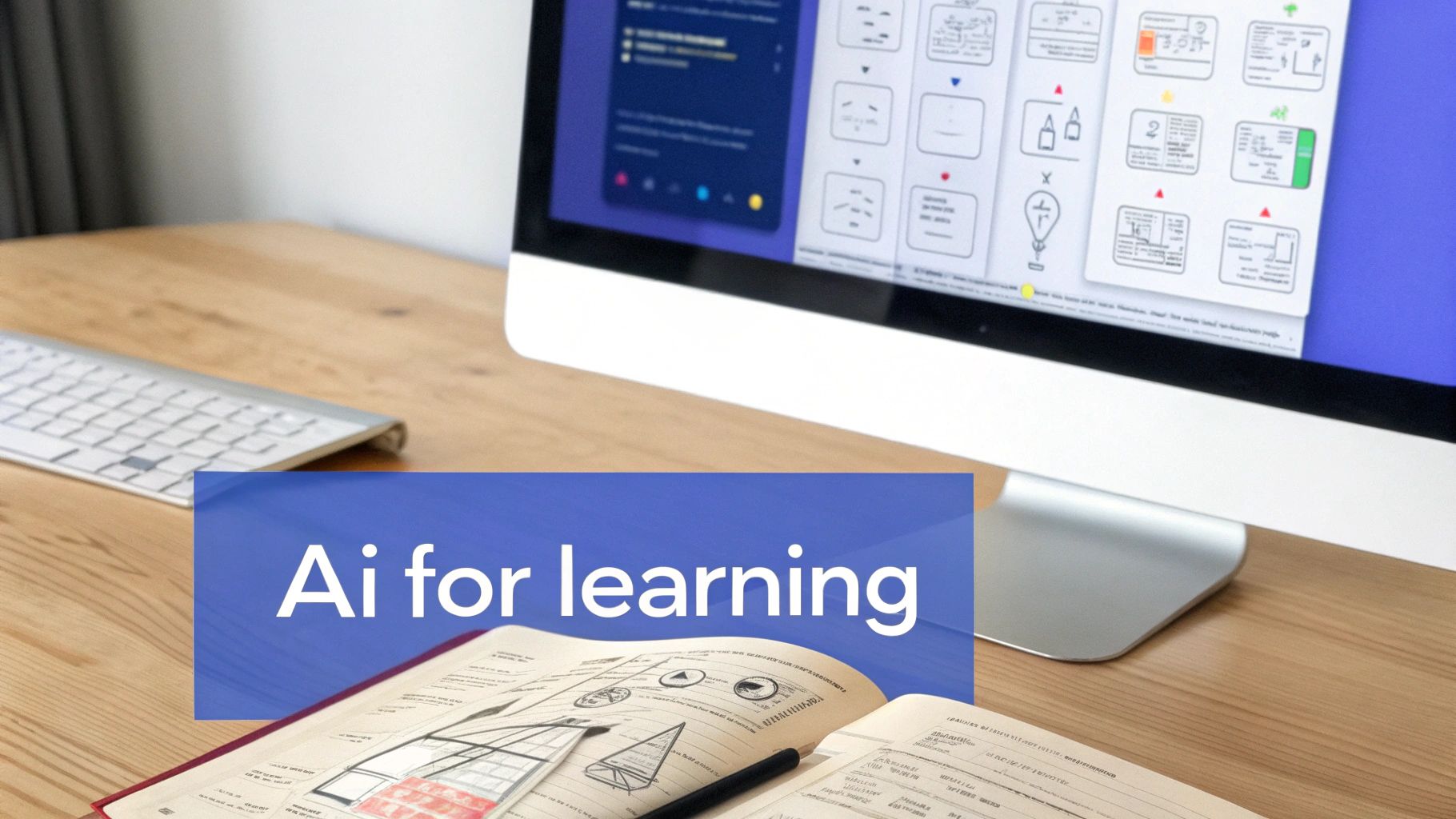 A desk with a computer displaying a learning interface and an open notebook, overlaid with 'AI for learning'.