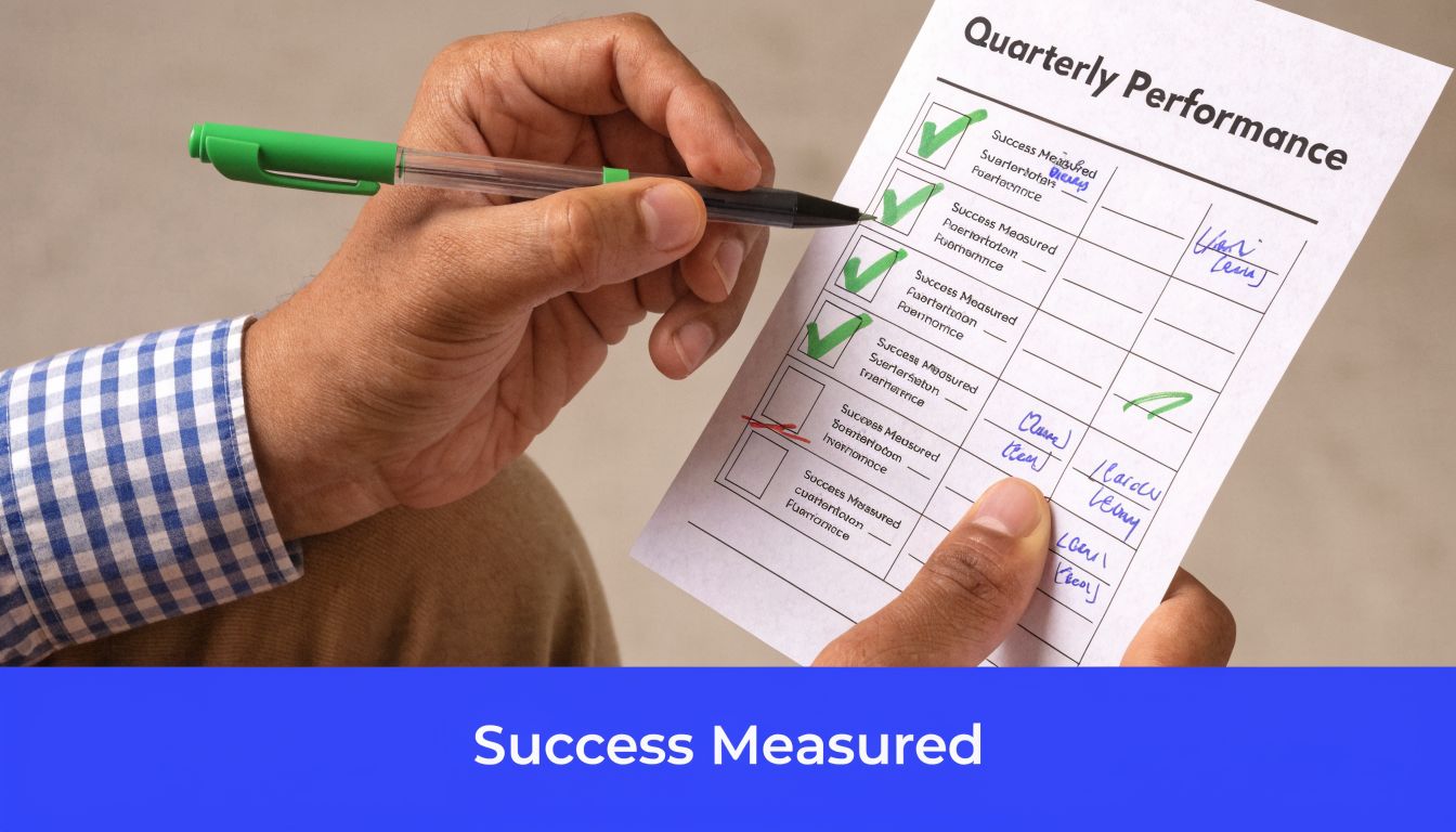 A professional hand filling out a quarterly performance review form with a green pen.