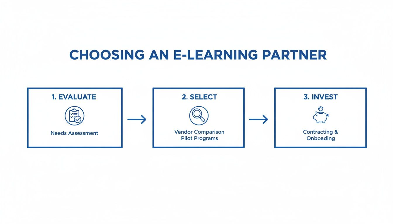 A three-step process for choosing an e-learning partner, including Evaluate, Select, and Invest.