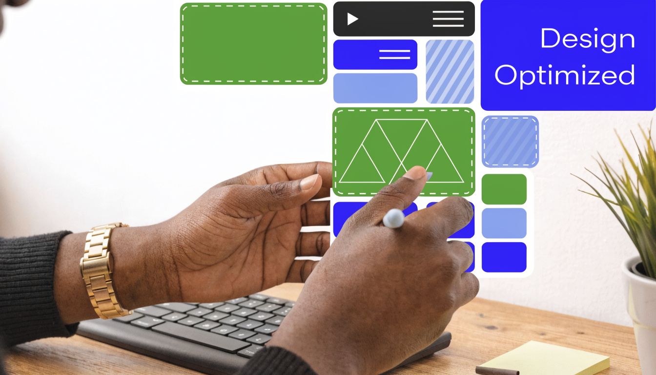 A professional working on a digital design interface with geometric patterns on a desktop workspace.