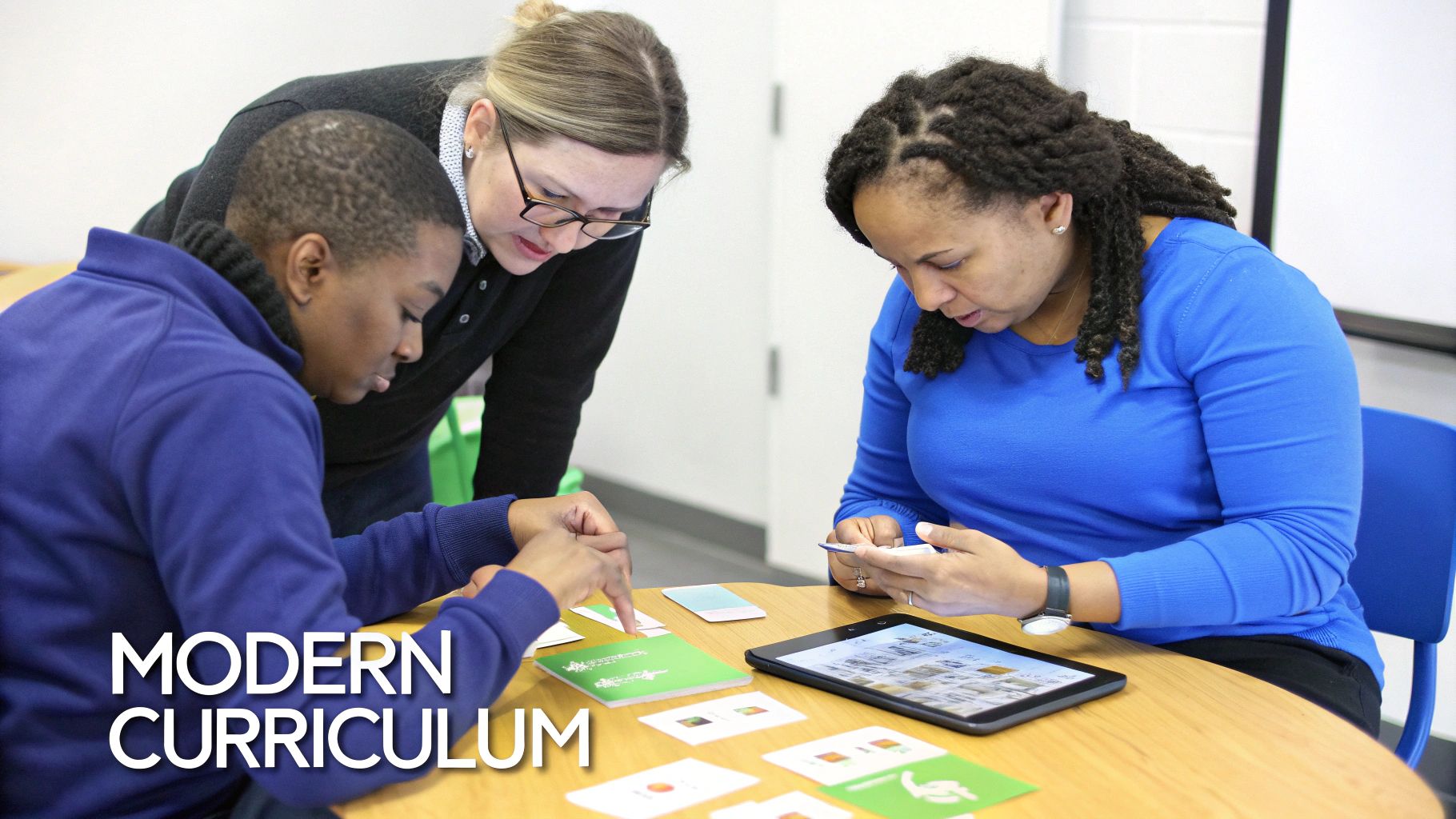 Adults and a student collaborate using cards, a tablet, and a phone during a modern curriculum training.