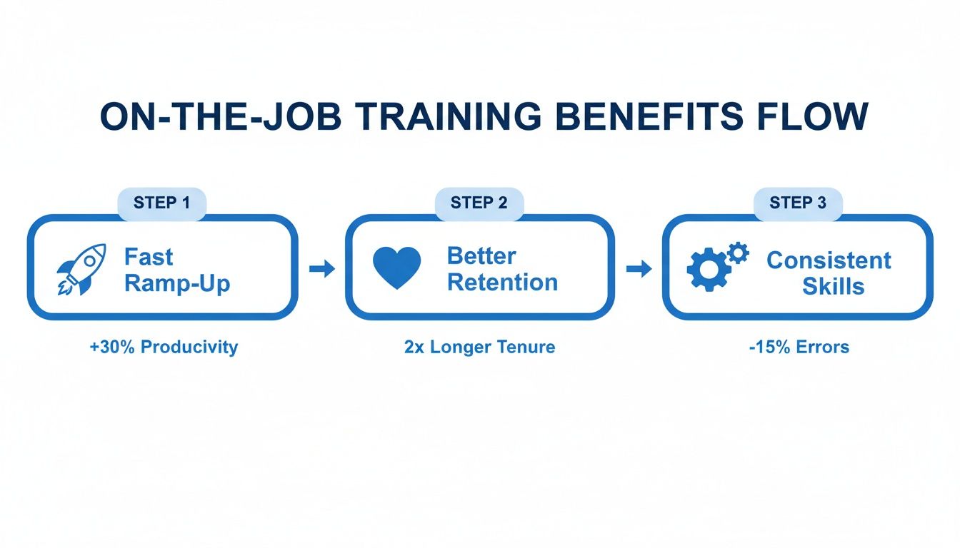 A flow chart illustrating the benefits of on-the-job training, showing fast ramp-up, better retention, and consistent skills.