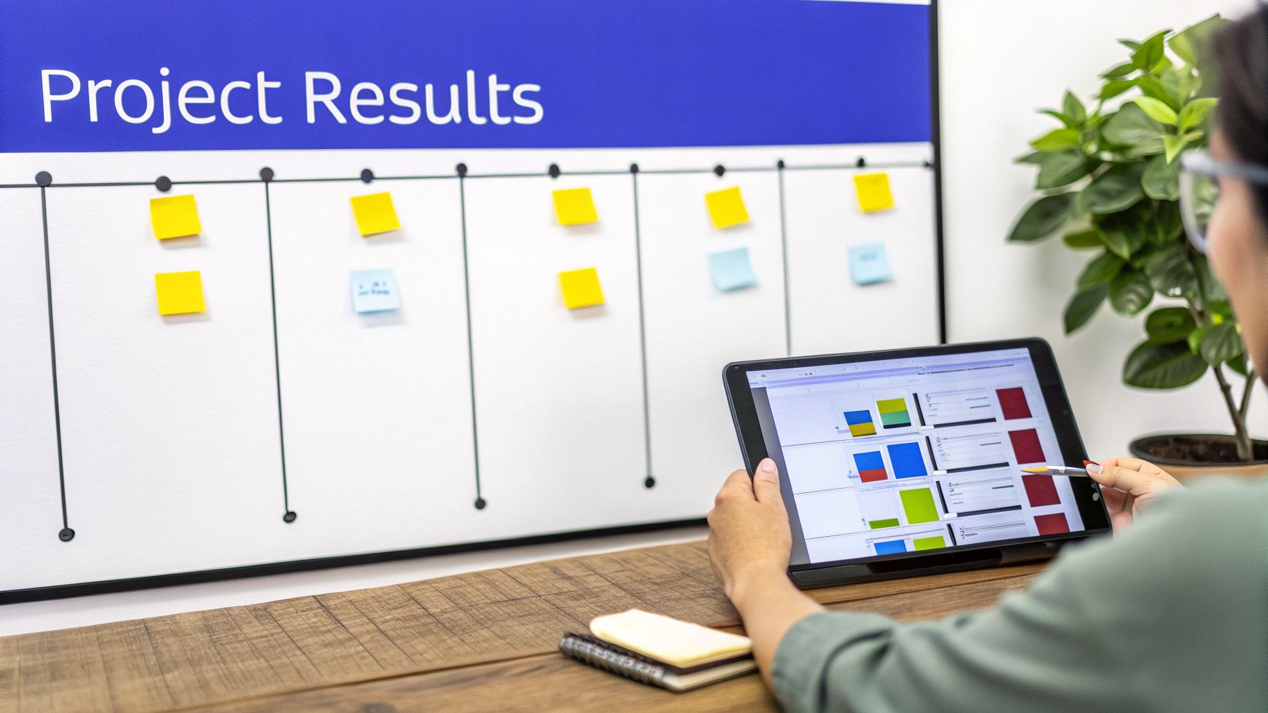 A person reviews project results on a tablet in front of a whiteboard with sticky notes.
