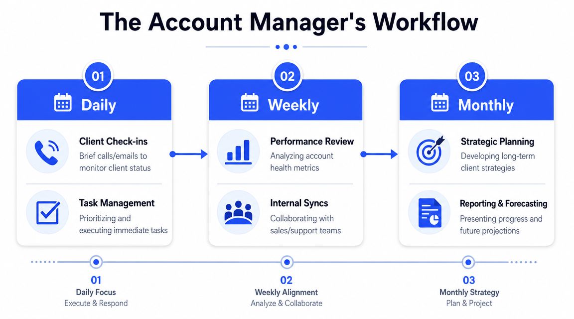 A diagram illustrating the Account Manager's workflow broken down into daily, weekly, and monthly professional responsibilities.