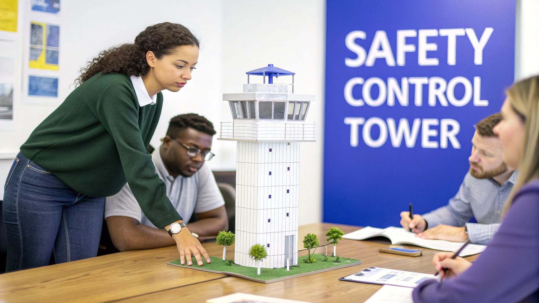 Professionals collaborate around a safety control tower model during a committee meeting.