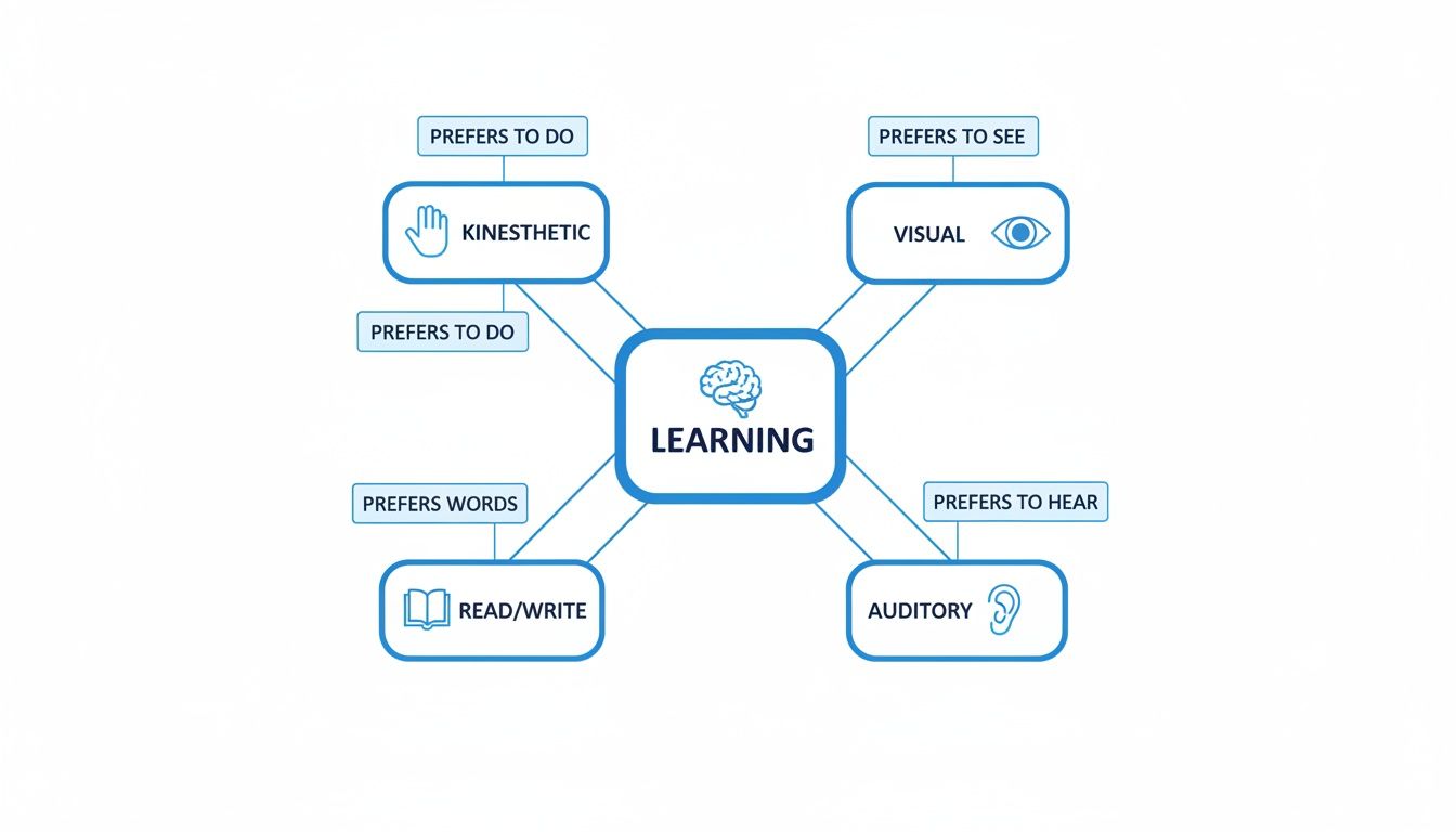 A mind map illustrating four primary learning styles: Kinesthetic, Visual, Read/Write, and Auditory.