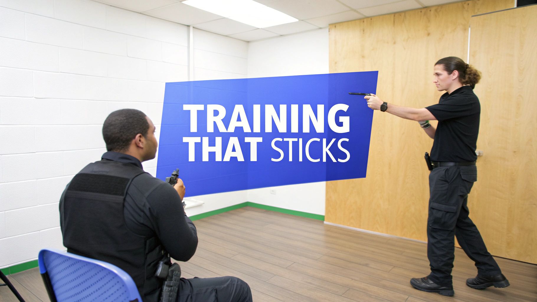 Two security personnel participate in a tactical training exercise with training firearms and a banner.