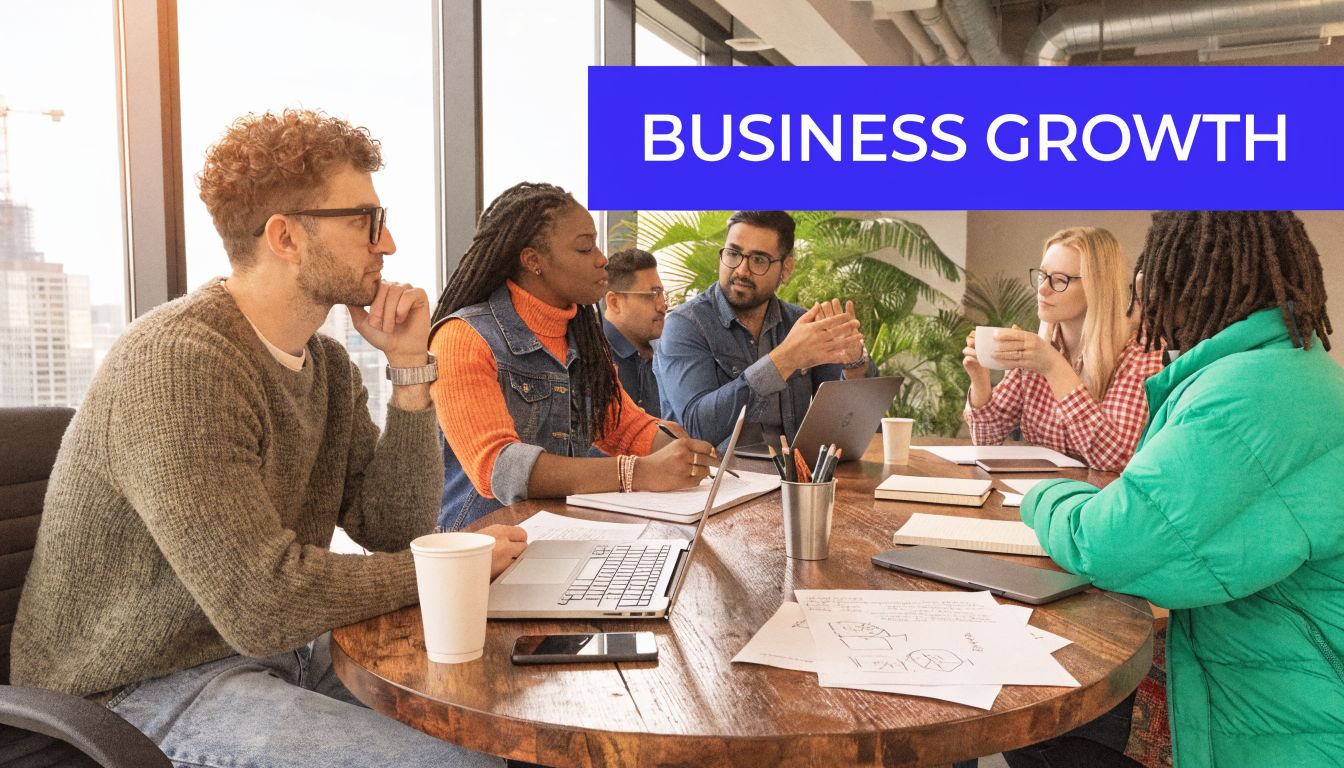 A diverse team of professionals collaborating during a meeting in a modern office with large windows.