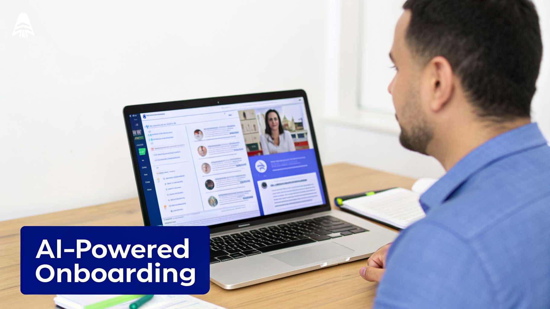 Man interacting with an AI-powered onboarding platform on a laptop, showing a video call.