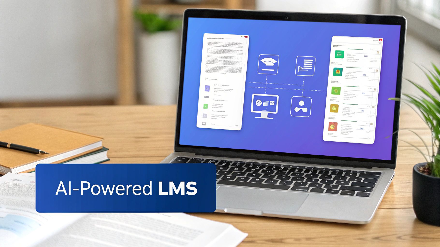 Laptop on a desk displaying an AI-Powered LMS interface with various educational content modules.
