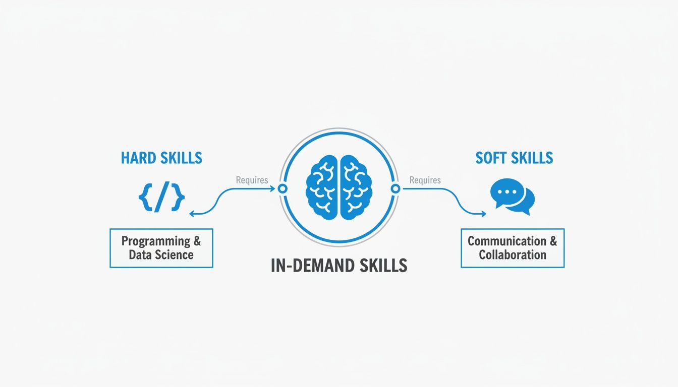 An infographic connecting hard skills like programming and soft skills like communication to in-demand skills.