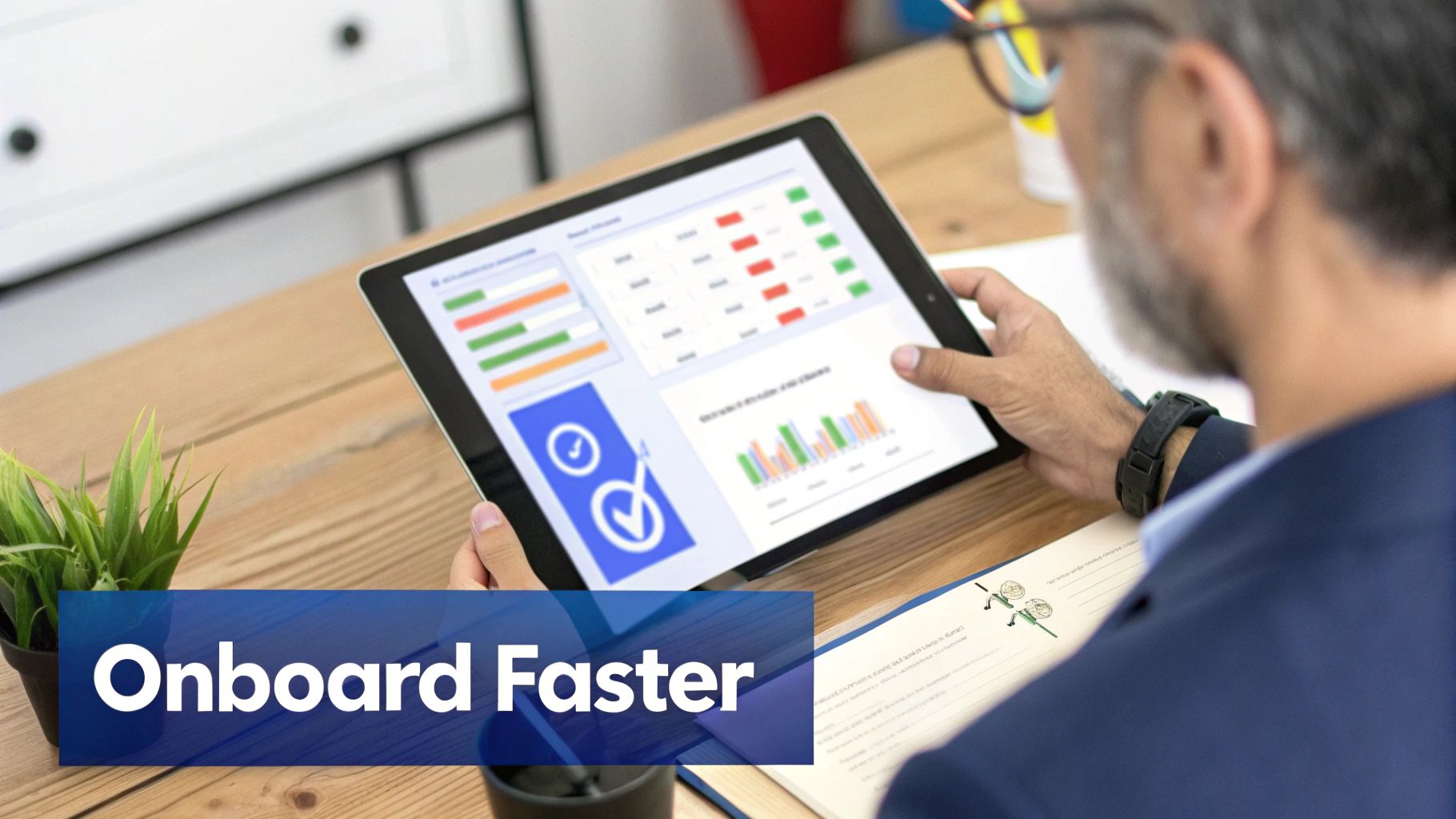 A man viewing a tablet displaying a data dashboard with charts and graphs, promoting faster onboarding.