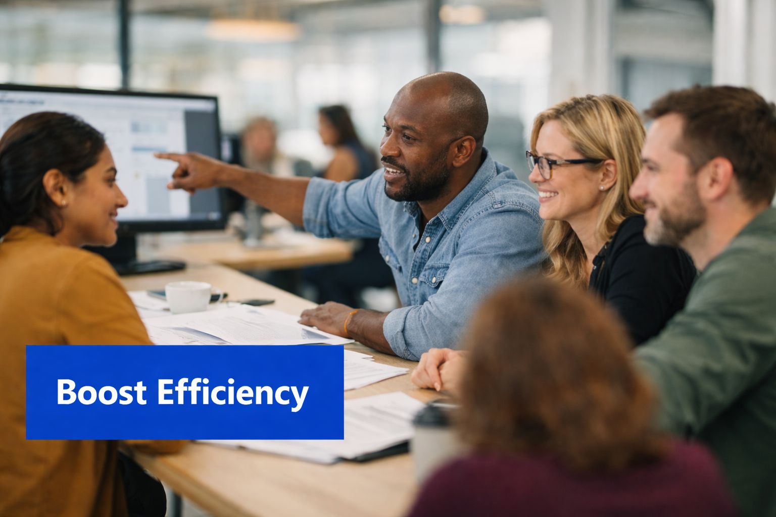 A diverse team of professionals collaborating around a wooden table in a modern office environment.