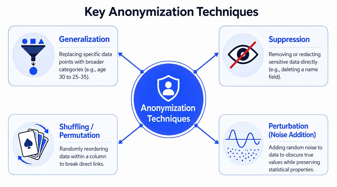 A diagram illustrating four key data anonymization techniques including generalization, suppression, shuffling, and perturbation.