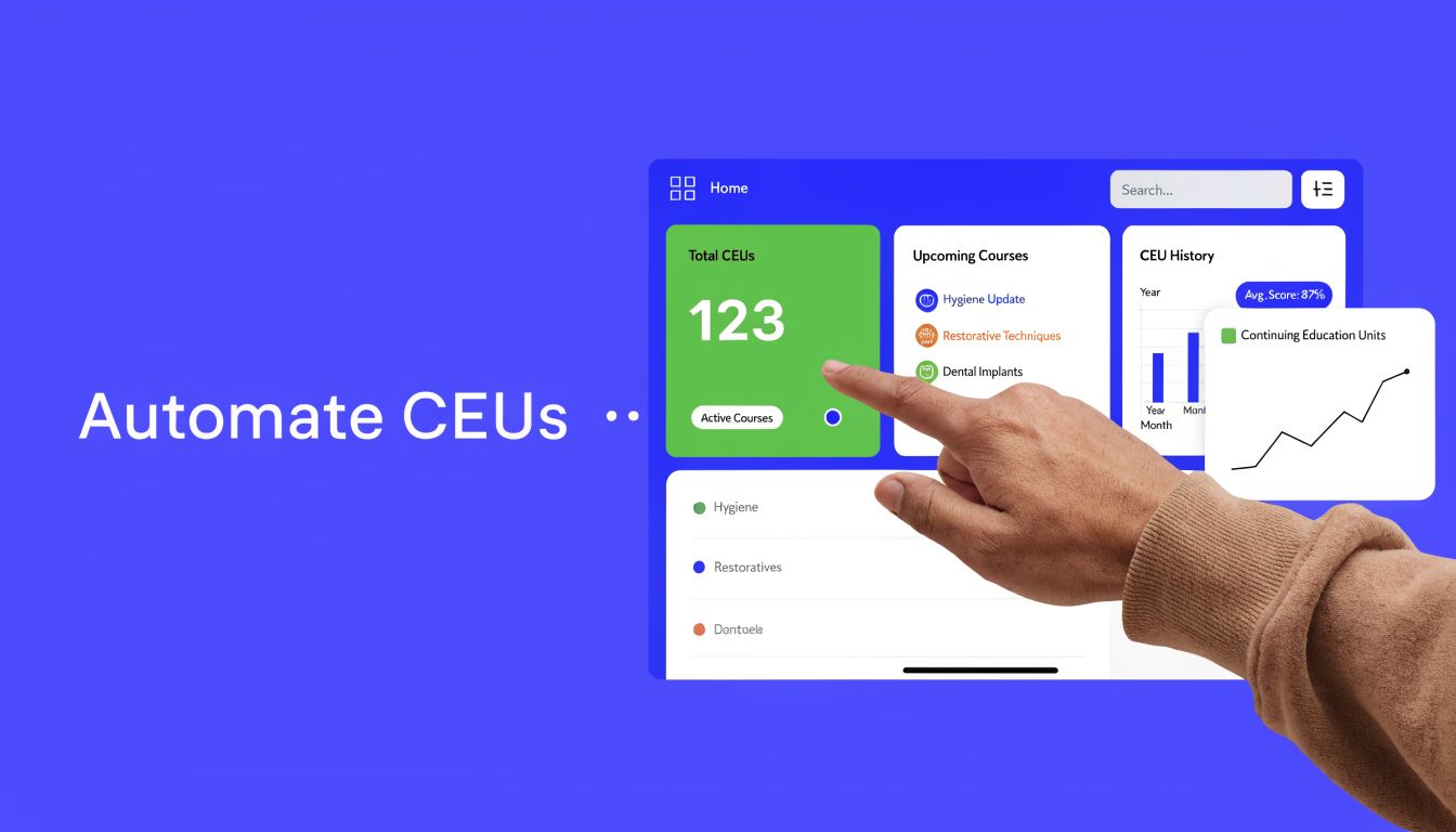 A hand pointing at a digital dashboard on a screen displaying continuing education units progress and courses.