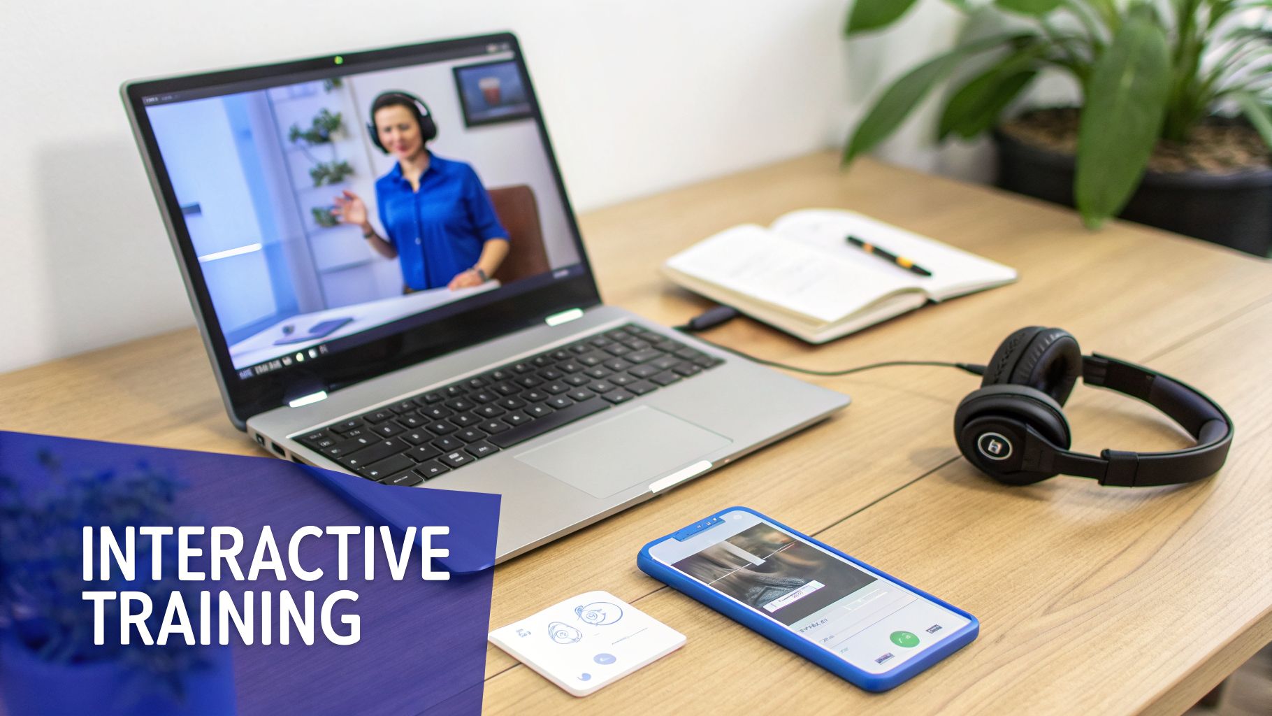 A laptop displays a video call with a trainer, headphones, a smartphone, and a notebook on a wooden desk for interactive training.