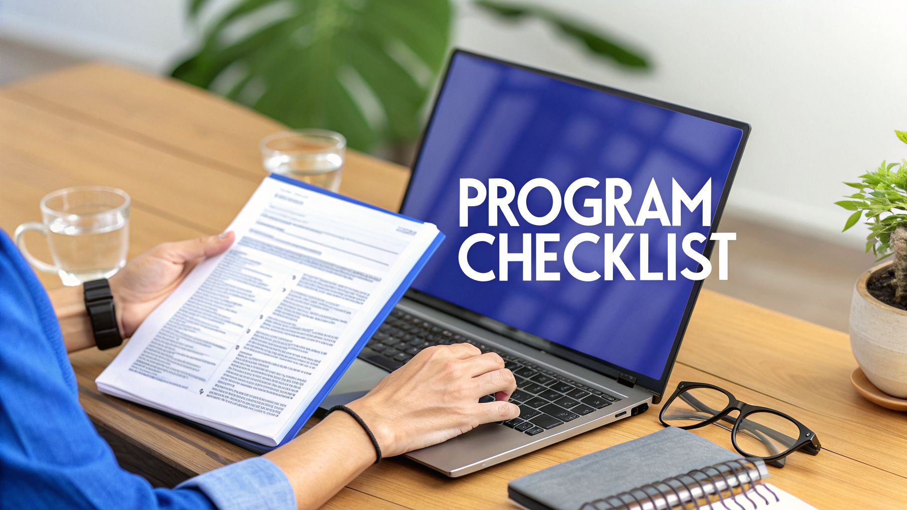 Person reviewing a program checklist on a laptop and a document at a wooden desk with a drink.