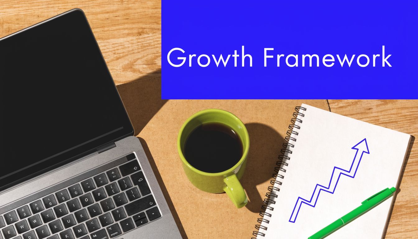 A top-down view of a workspace featuring a laptop, coffee cup, and a growth chart sketch.