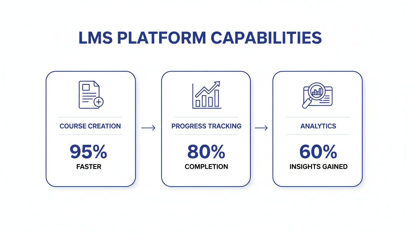 LMS platform capabilities infographic showing course creation, progress tracking, and analytics benefits.