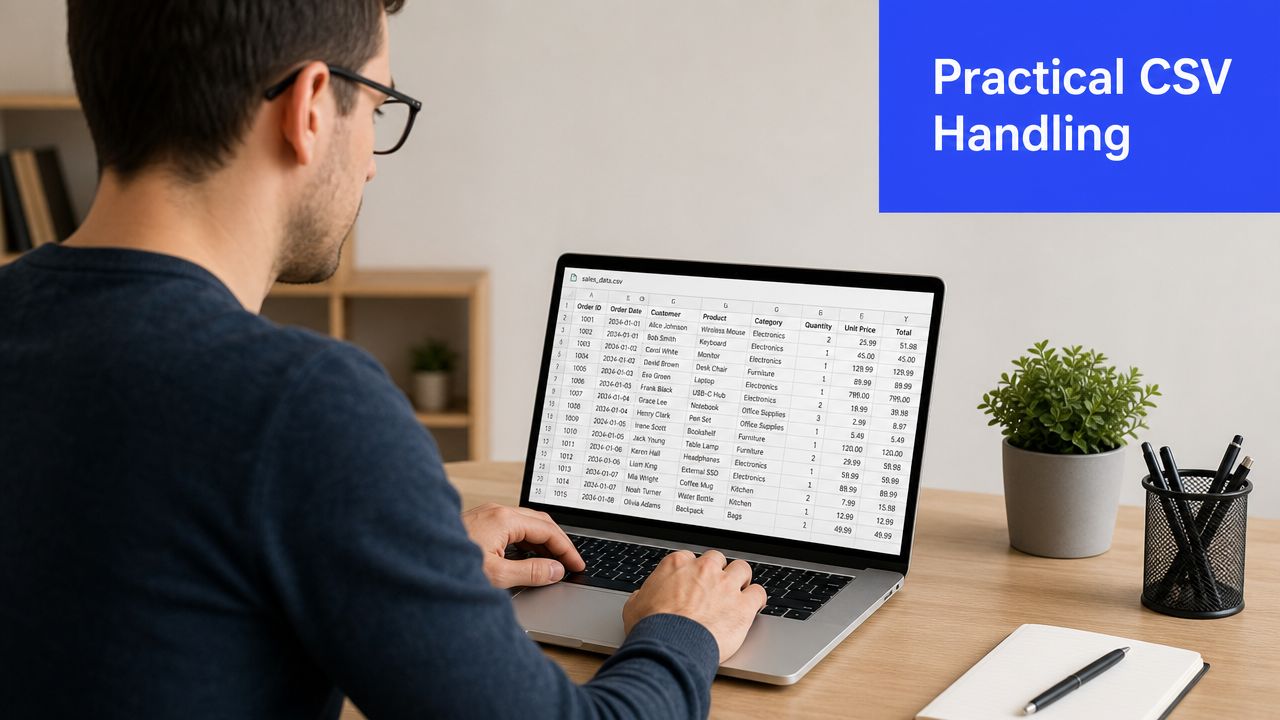 A man working on his laptop while viewing a spreadsheet with sales data on the screen.