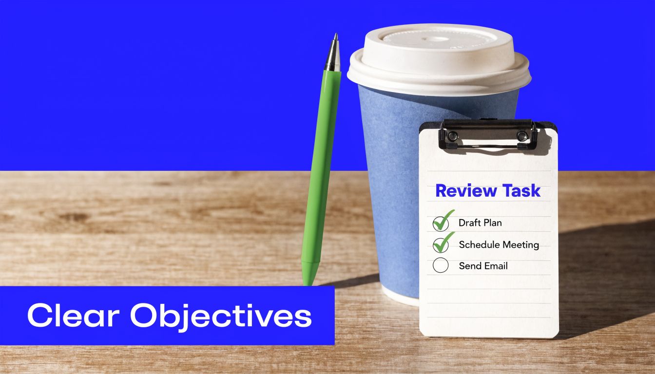 A clipboard with a task checklist beside a green pen and a blue coffee cup on a table.