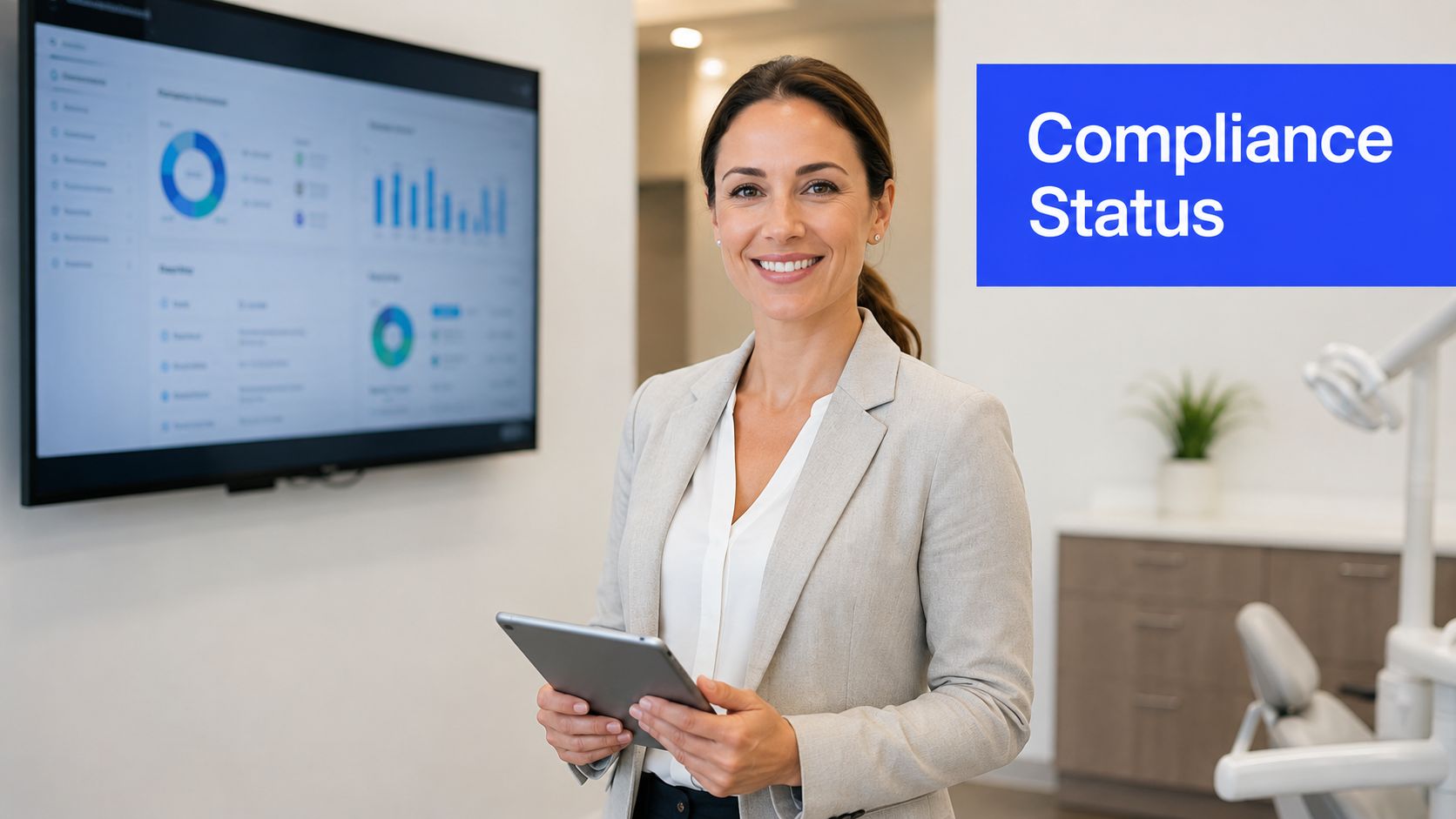 A professional woman in a suit holding a tablet standing in a modern clinic with data dashboards.