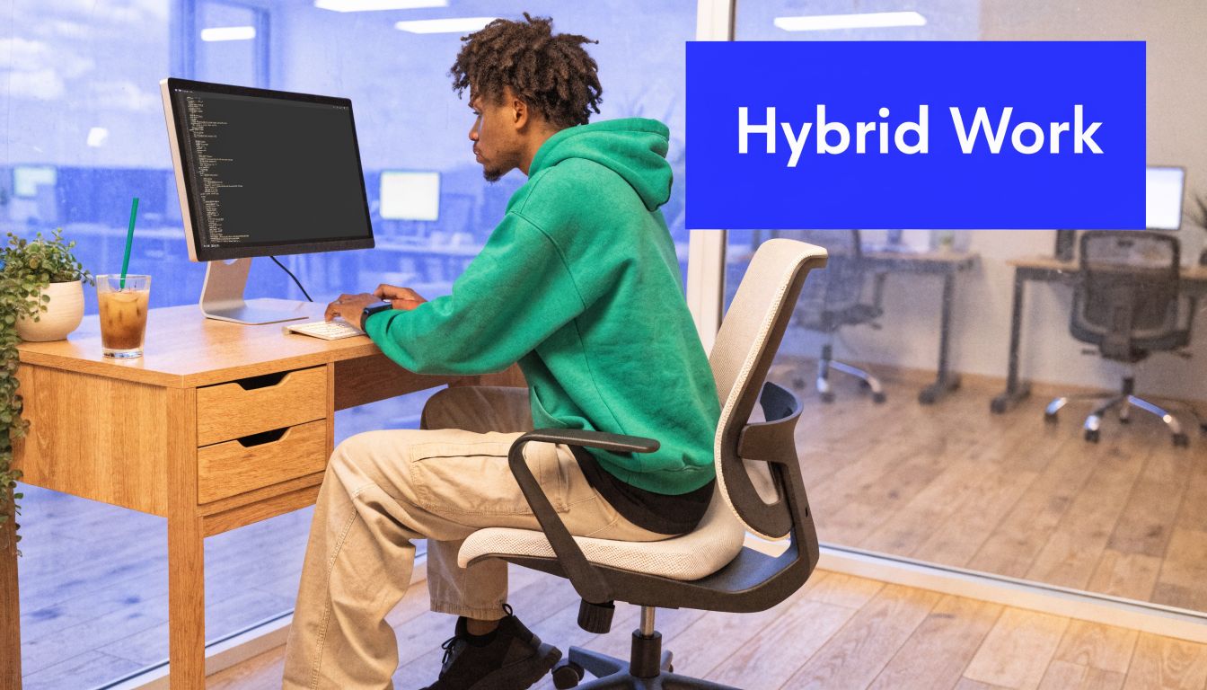 A young professional working on coding tasks at a desk in a modern hybrid office environment.