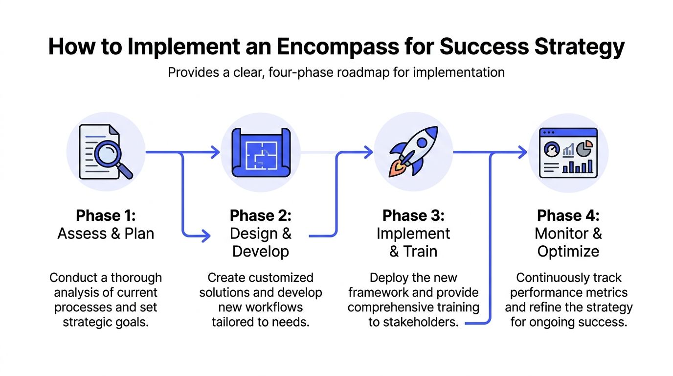 A flowchart infographic titled How to Implement an Encompass for Success Strategy showing a four-phase roadmap.