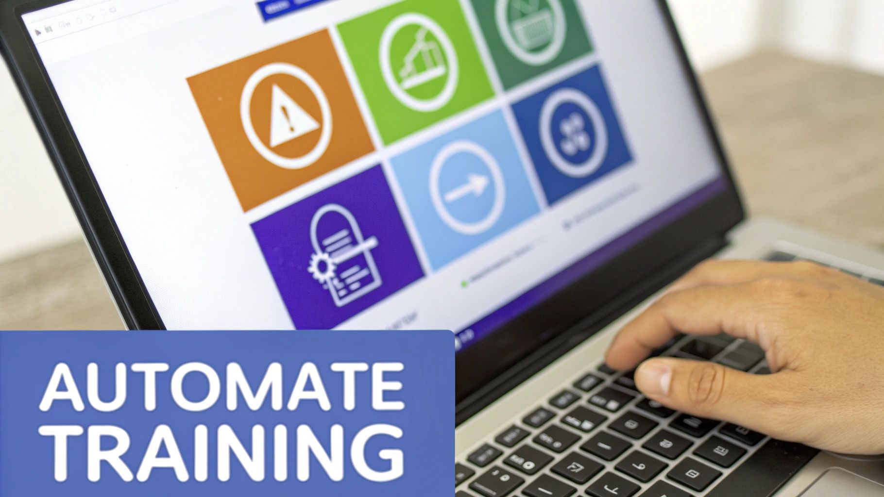 A hand typing on a laptop displaying colorful software icons and an 'Automate Training' banner.