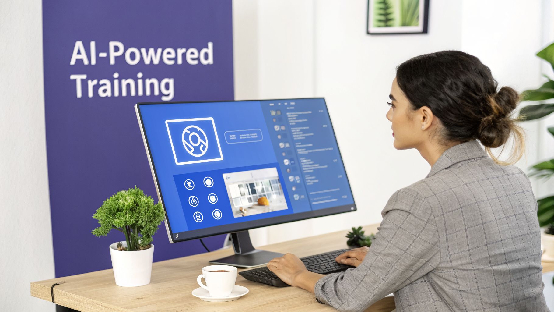 Professional woman engaging with an AI-Powered Training program on a desktop computer.
