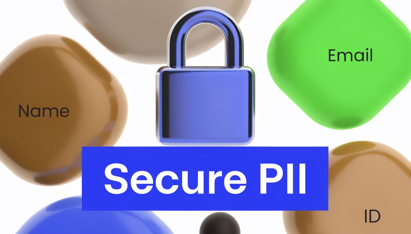 A secure padlock icon floating above the text Secure PII surrounded by labels for Name, Email, and ID.