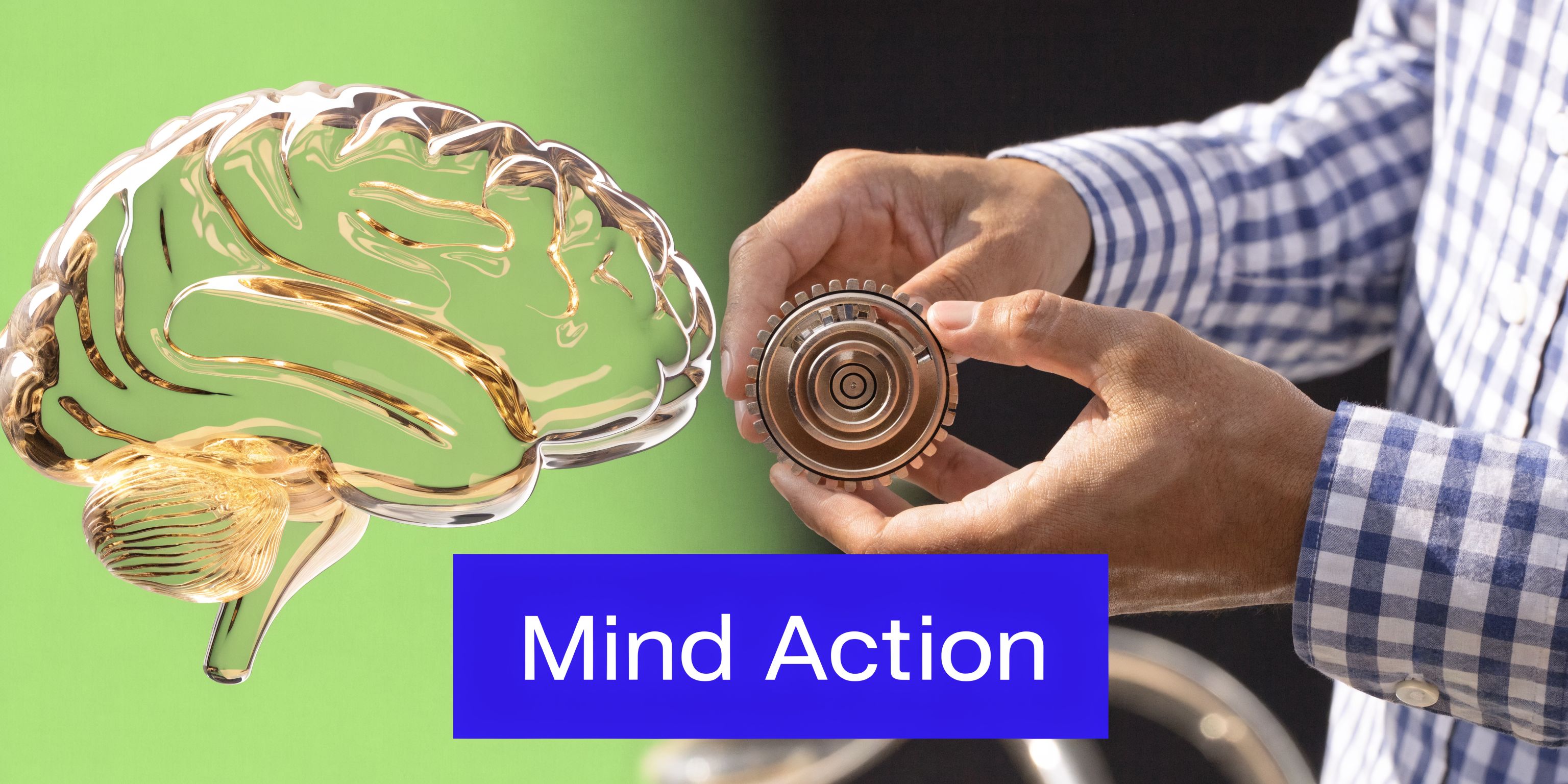 A conceptual image showing a 3D glass brain next to a human hand holding a mechanical gear.
