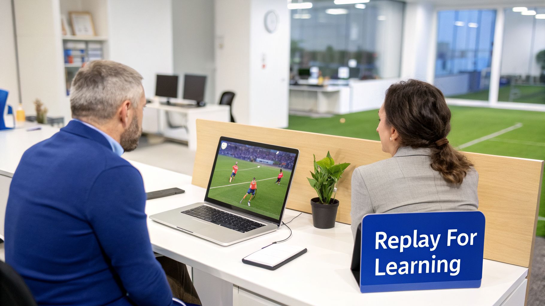 A man and woman in an office reviewing a soccer game replay on a laptop for learning.