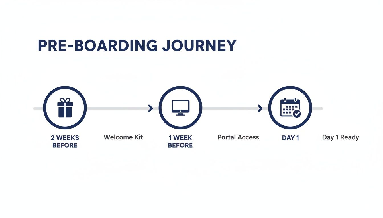 Infographic showing a pre-boarding journey timeline for new employees, with welcome kit, portal access, and Day 1 readiness.