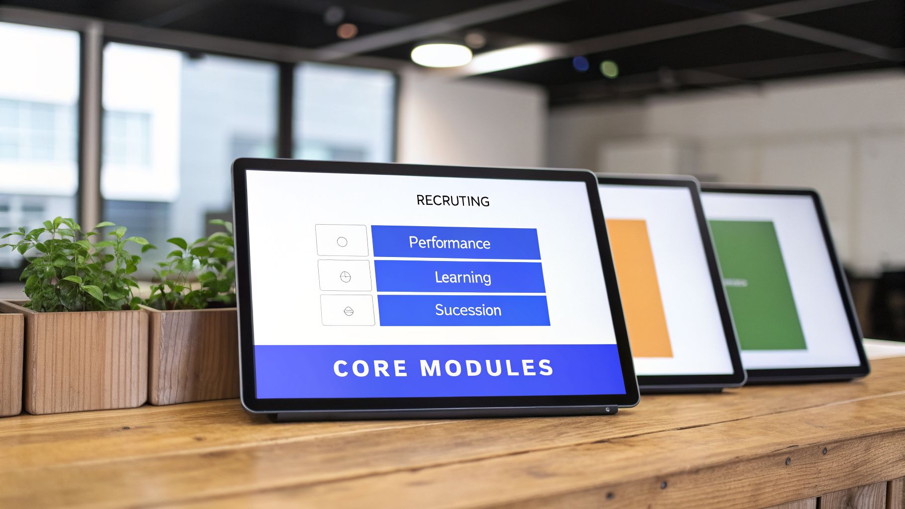 Three tablets on a wooden desk displaying recruiting software interface with performance, learning, and succession modules.