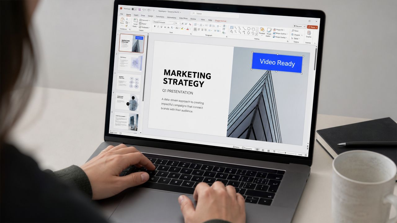 A person editing a presentation slide on a laptop screen displaying marketing strategy content.
