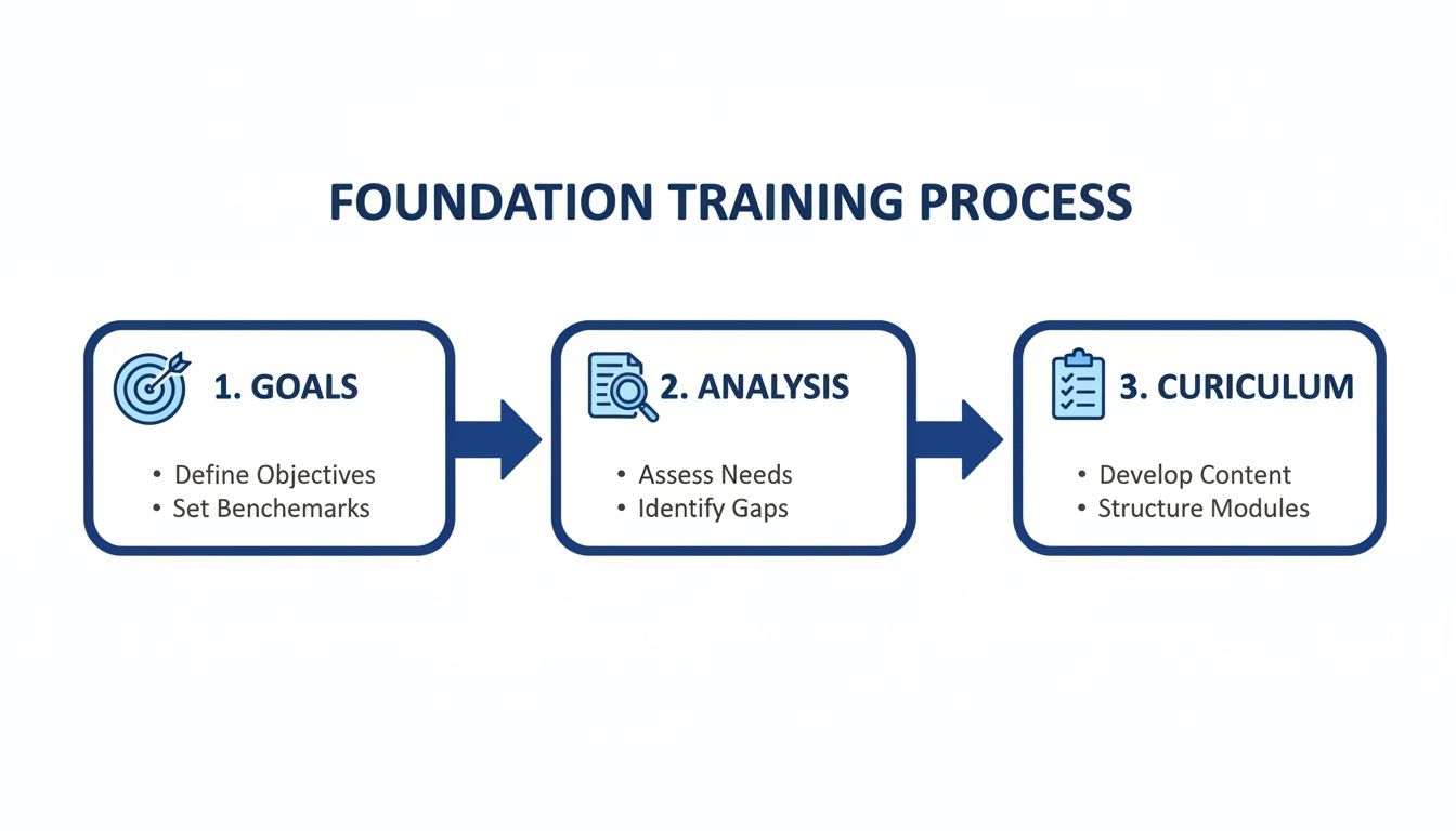 A three-step foundation training process outlining goals, analysis, and curriculum development.