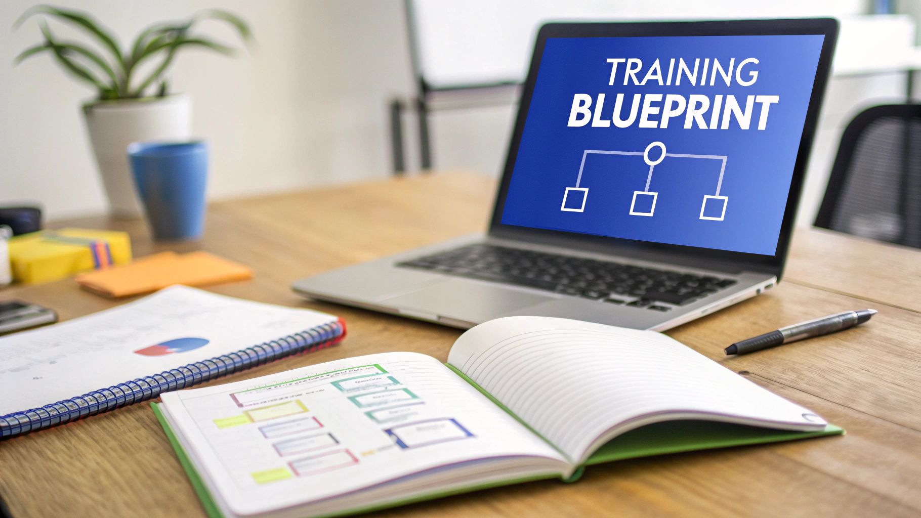 A laptop displays a 'TRAINING BLUEPRINT' flowchart on a wooden desk with notebooks and a pen.
