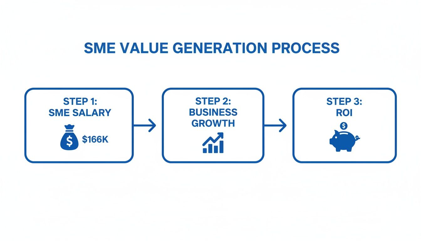 Flowchart illustrating the SME value generation process, detailing steps from salary to business growth and ROI.