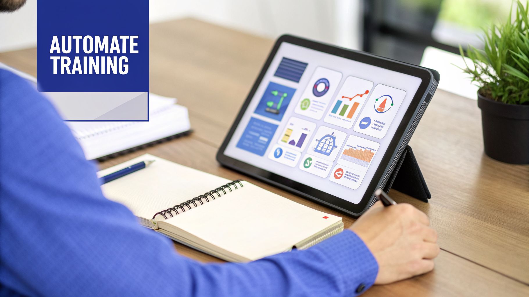 Person writing in a notebook next to a tablet displaying charts and 'AUTOMATE TRAINING' text.