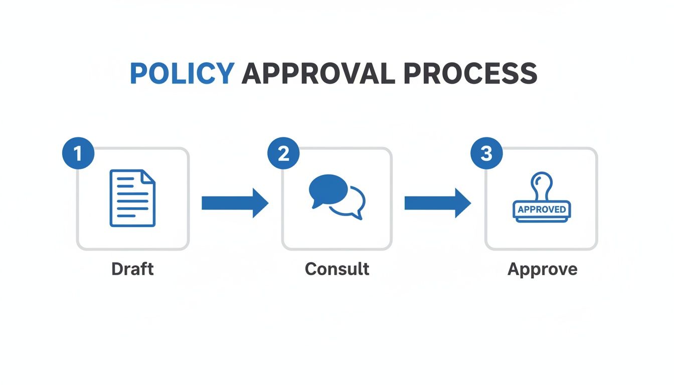A policy approval process flow diagram showing three steps: Draft, Consult, and Approve with icons.