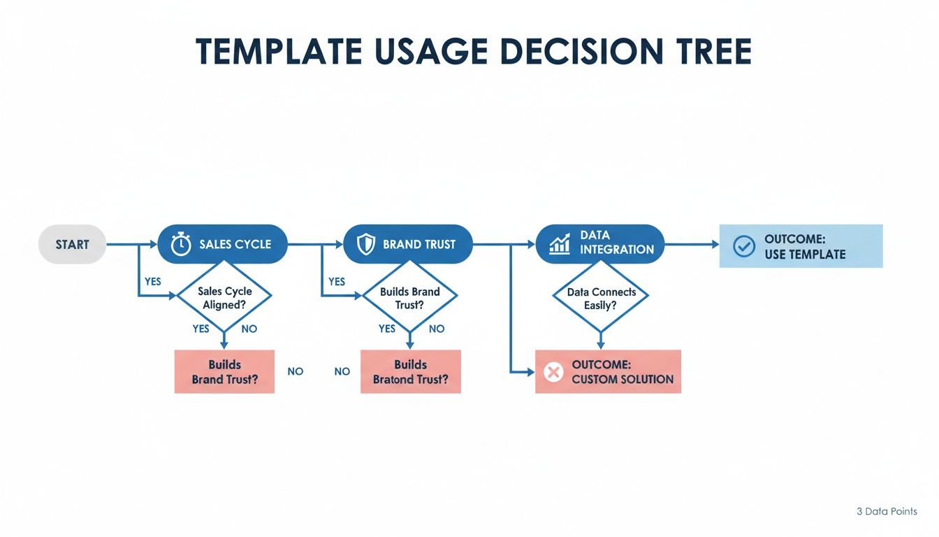 A flowchart showing a template usage decision tree with steps for sales cycle, brand trust, and data integration.