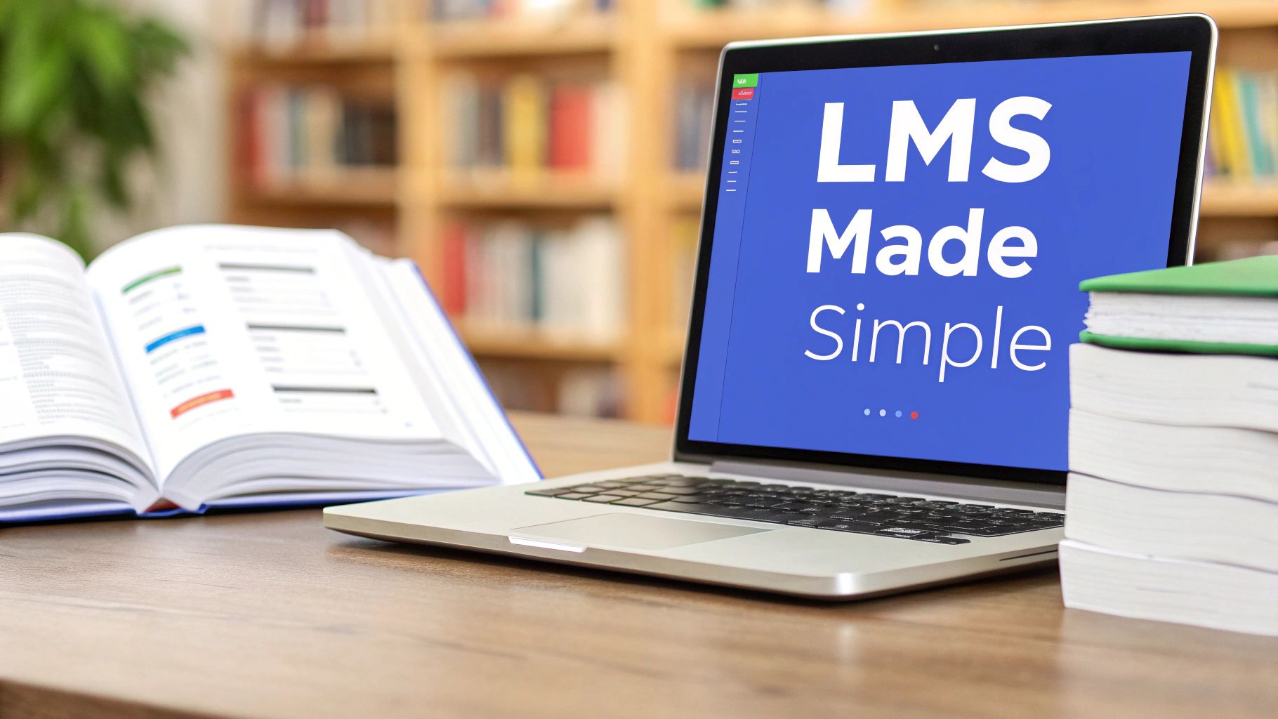 A laptop on a wooden desk displays 'LMS Made Simple' next to an open textbook and a stack of books.