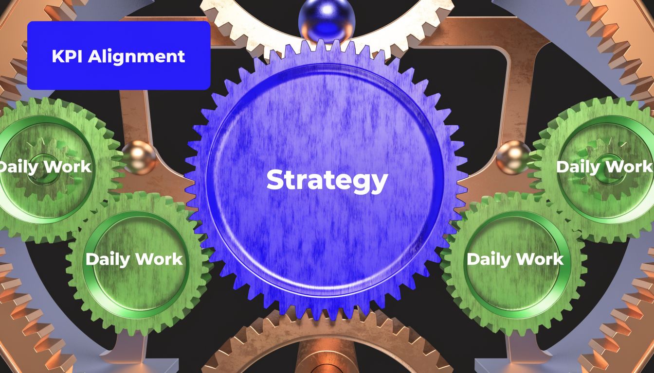A 3D graphic showing a large central blue gear labeled Strategy connected to smaller green gears labeled Daily Work.
