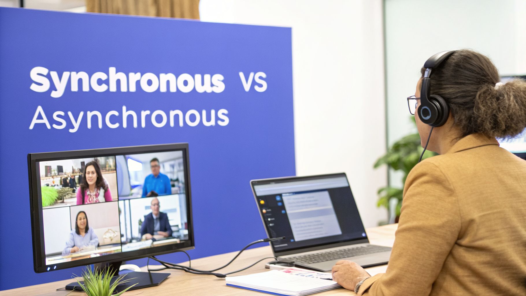 A person with headphones looks at a laptop and monitor displaying a video call. A banner reads 'Synchronous vs Asynchronous'.