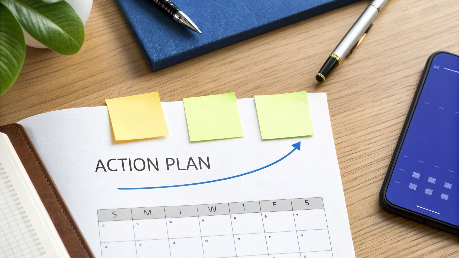 Action plan document with sticky notes and calendar, showing progress arrow, on a wooden desk.